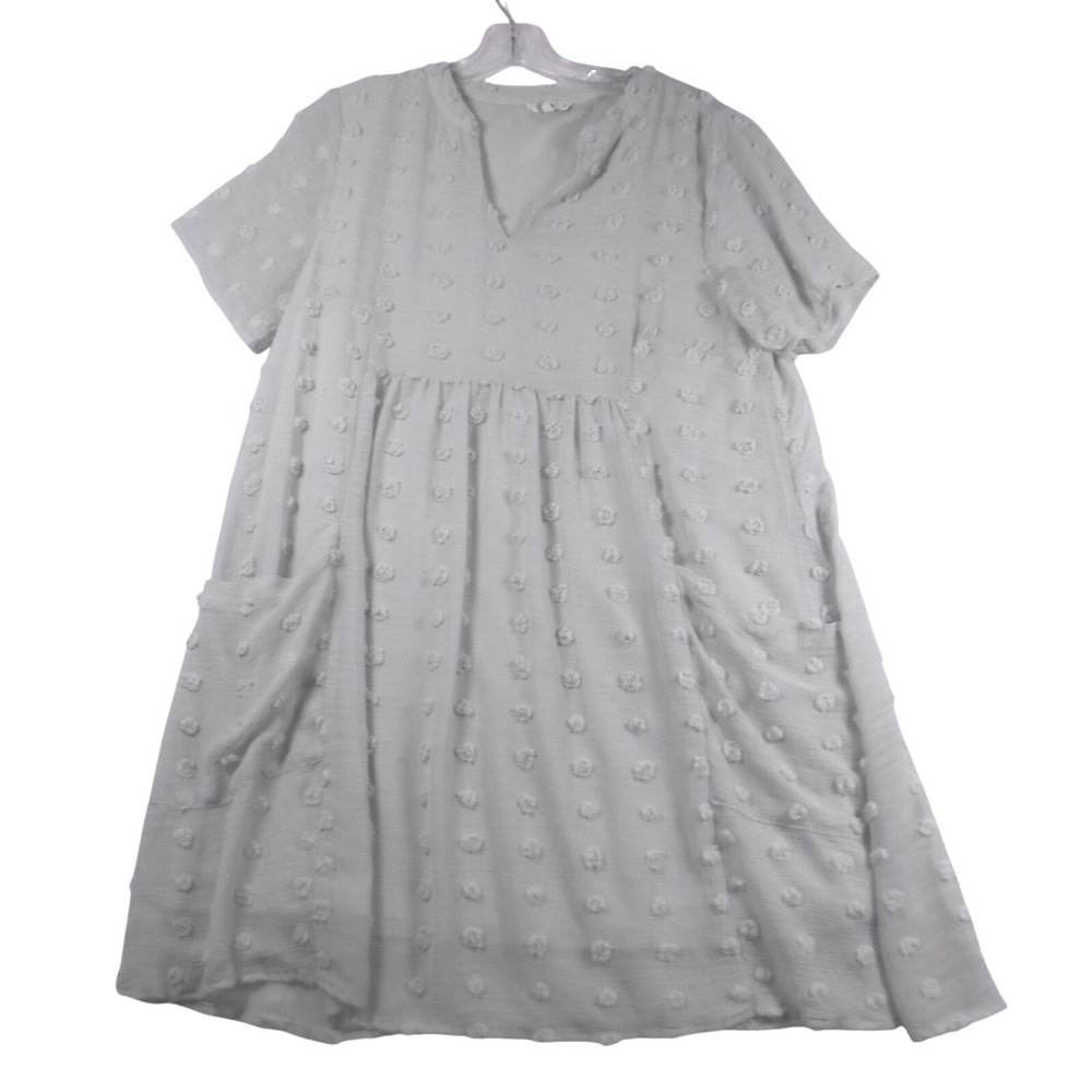 Jodifl Womens Light Grey Swiss Dot Babydoll Dress Short Sleeve Pockets Mini L